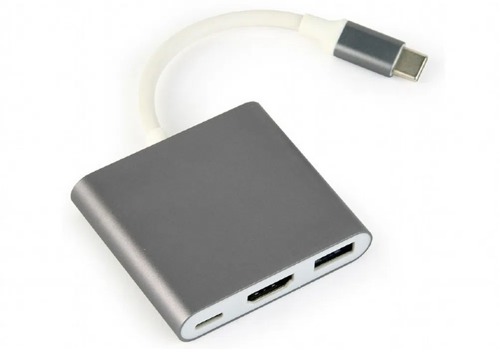 Видеоадаптер Cablexpert A-CM-HDMIF-02-SG, USB-C (M) x USB-C (F) - XHDMI (F) x USB A (F), 0,1м, Серебристый 2