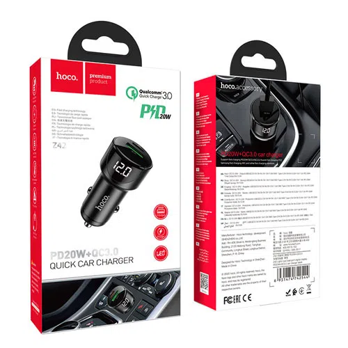HOCO Z42 Light road dual port digital display PD20W+QC3.0 car charger Black 4