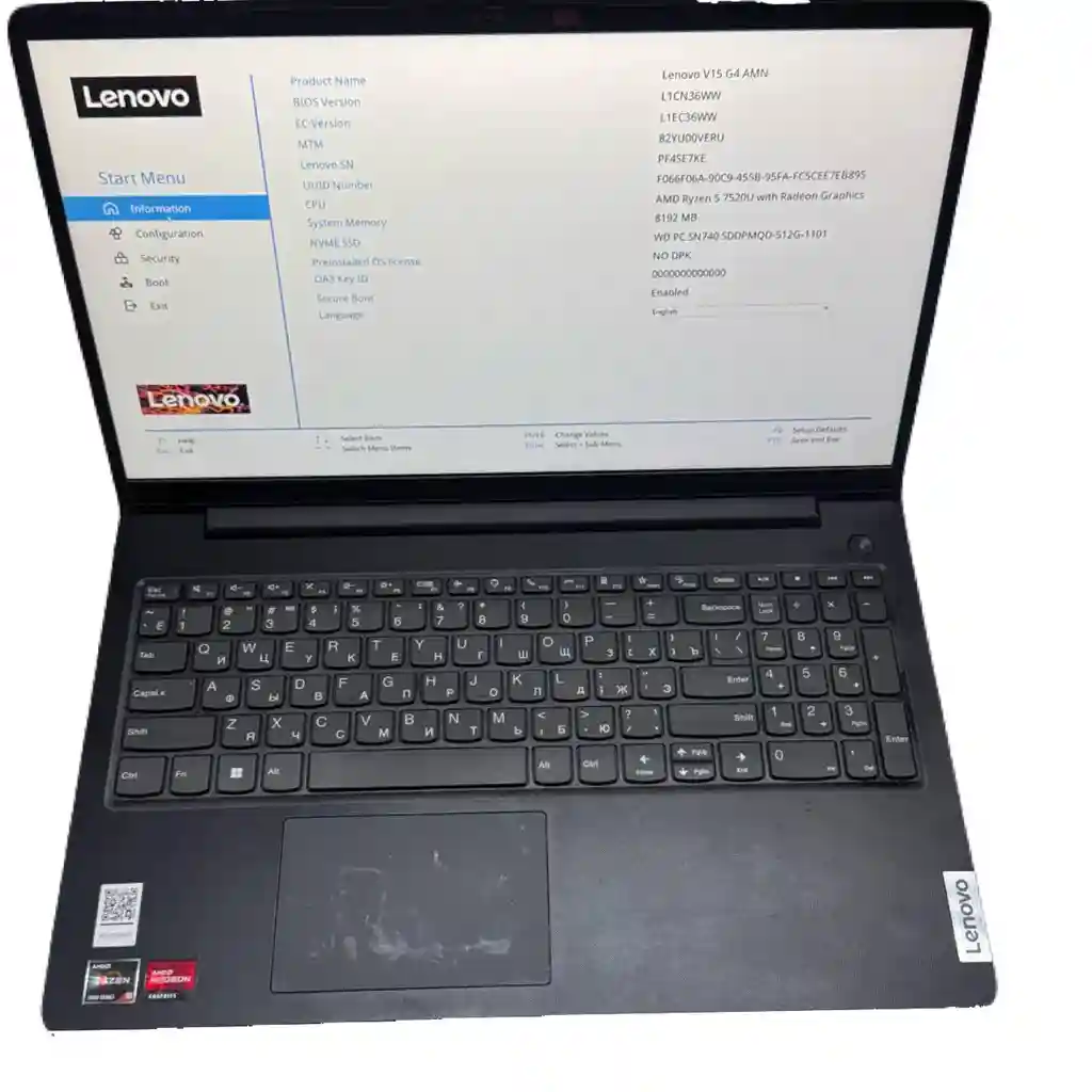 Ноутбук Lenovo V15 G4 AMN (Ryzen 5 7520U, 8Gb, 512Gb) Black