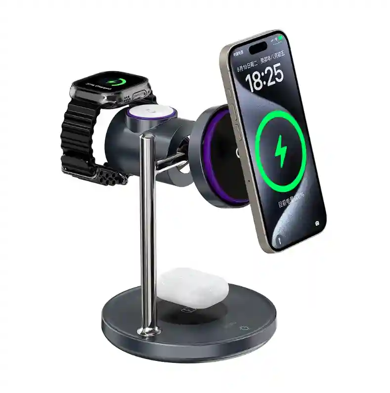 Беспроводное магнитное зарядное устройство Wiwu qi2.2 3 в 1 для космической станции с воздушным охлаждением, модель Wi-W041, черное.