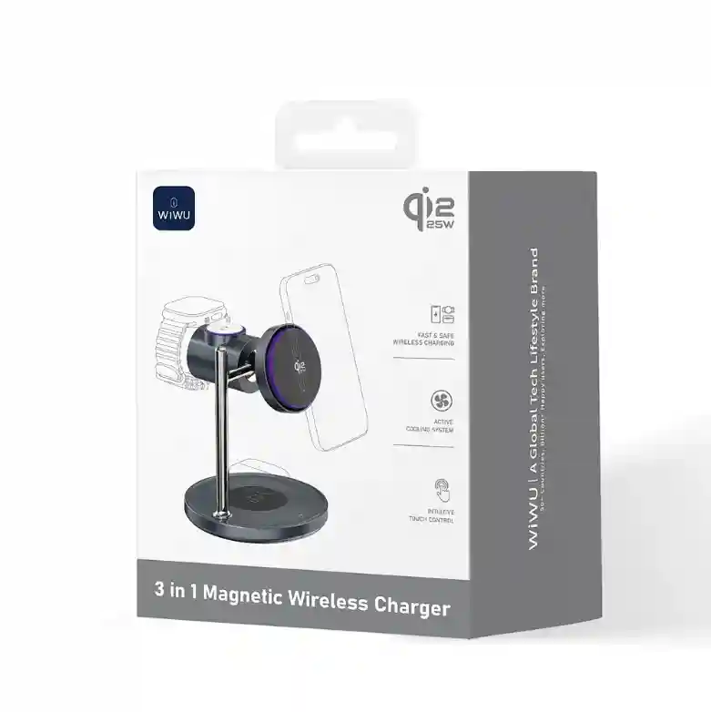 Беспроводное магнитное зарядное устройство Wiwu qi2.2 3 в 1 для космической станции с воздушным охлаждением, модель Wi-W041, черное.