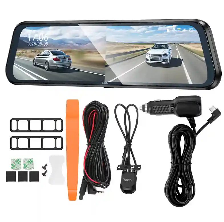 Видеорегистратор Hoco DV16 с 9,66-дюймовым экраном для потоковой передачи мультимедиа (двухканальный, с задней камерой), черный.