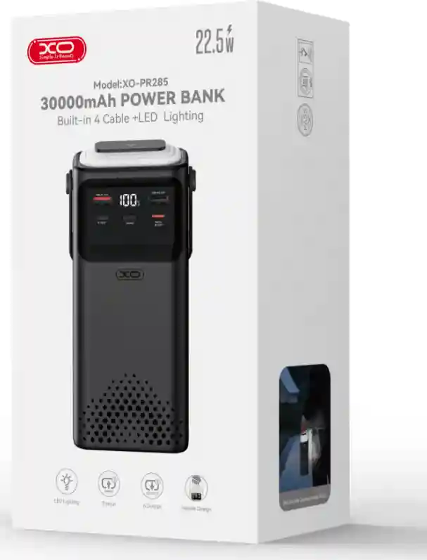 Power Bank Trei intrări și șase ieșiri. Patru cabluri incluse, plus un încărcător rapid Lightning. O sursă de alimentare mobilă de 50.000 mAh.