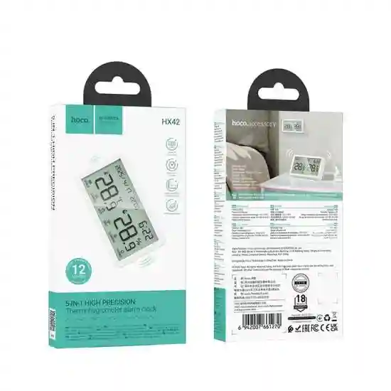 HX42 Электронный настольный будильник с термометром и гигрометром – белый