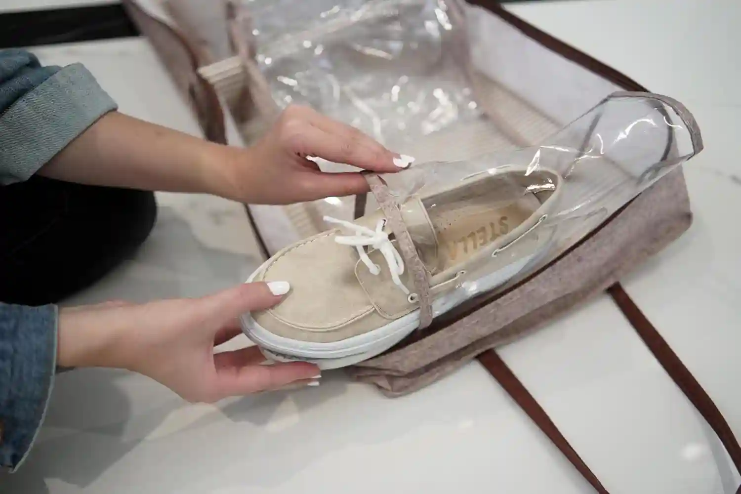 Geantă pentru încălțăminte Felt Styles cu mânere de piele 35X22X40 cm Bej