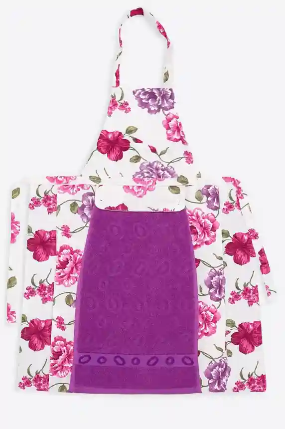 Кухонный фартук с полотенцем фиолетовый с цветочным узором
