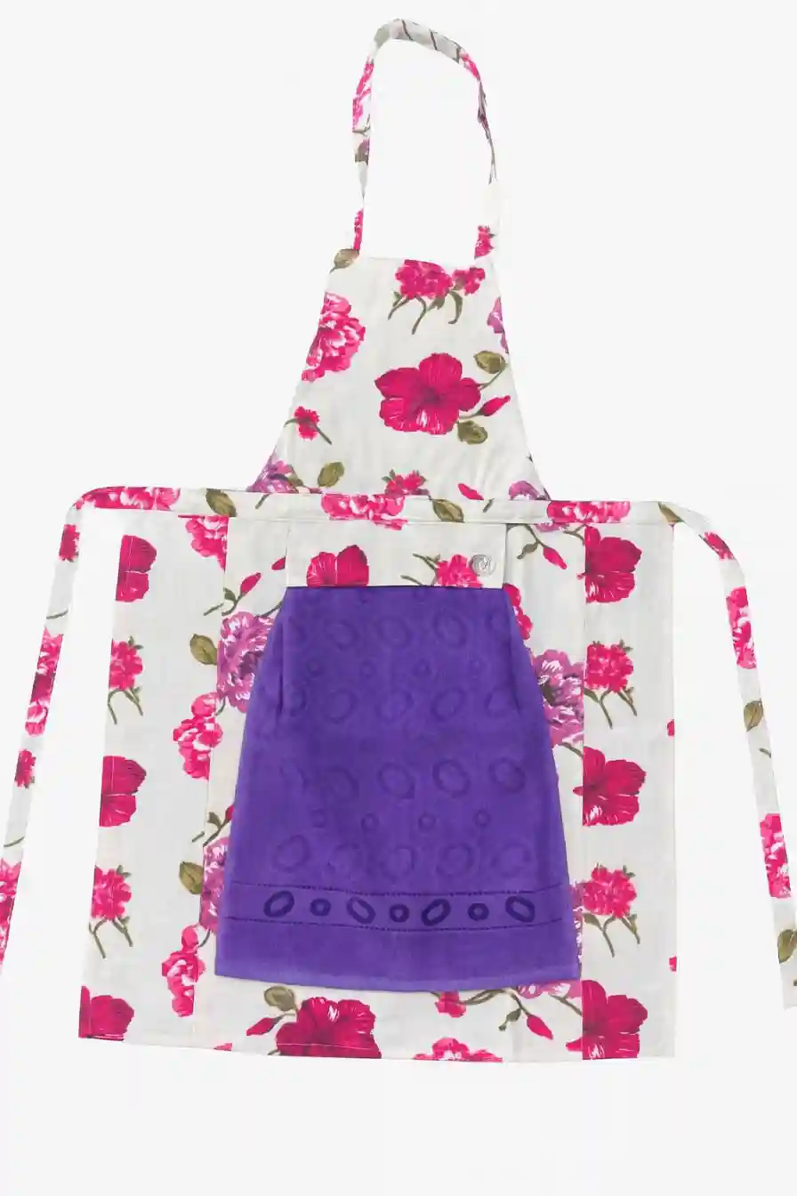 Кухонный фартук с полотенцем тёмно-фиолетовый с розовыми цветами