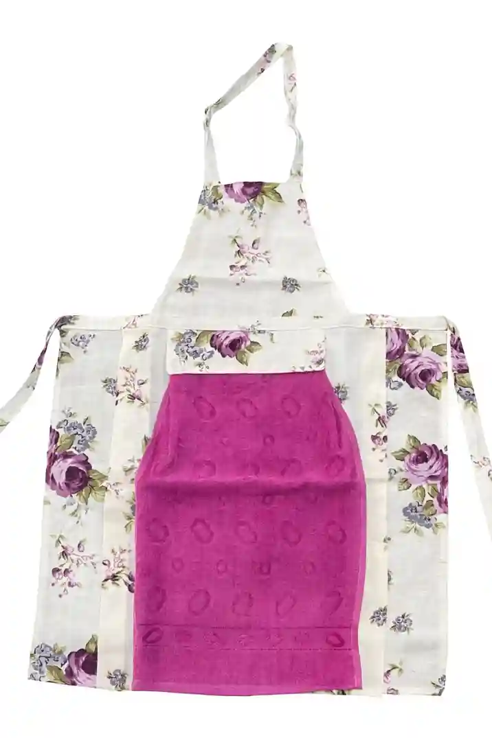Кухонный фартук с полотенцем тёмно-розовый с сиреневыми цветами