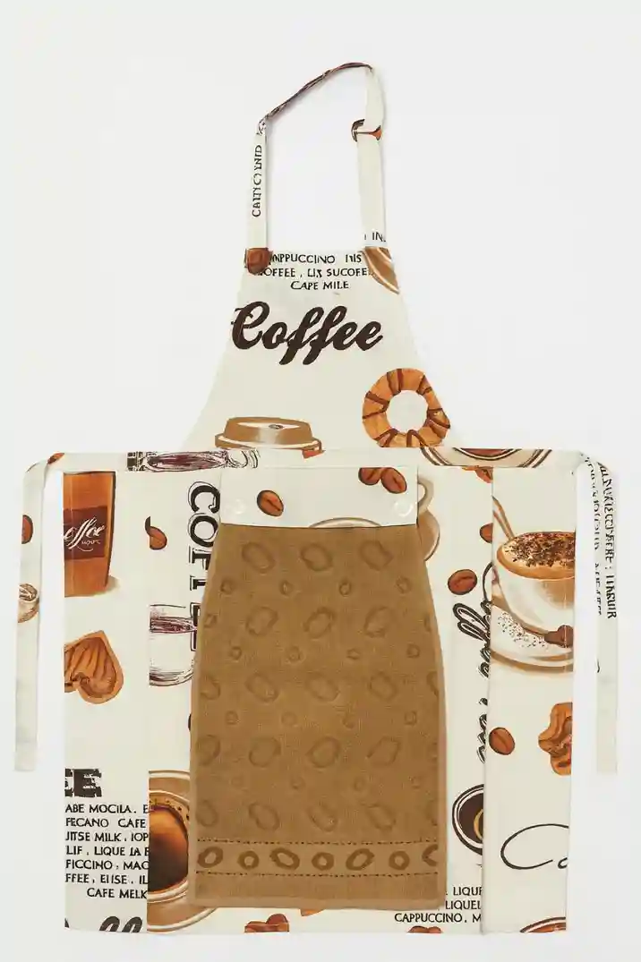 Кухонный фартук с полотенцем бежевый с кофейным принтом