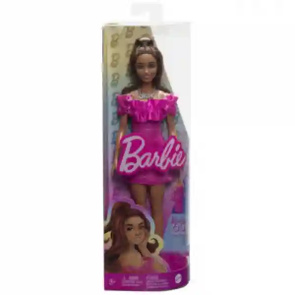 HRH15 Papusa Barbie Fashionista cu parul ondulat saten si o rochie roz