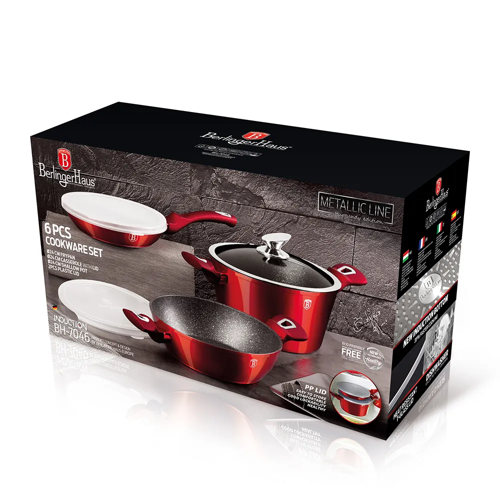 BH7046 Н/р кастрюля и 2 сковороды 6ед. "BurgundyML" 1/4