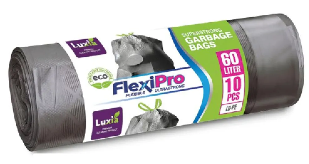 LUXIA Pungi p/u gunoi FlexiPro silver cu cu două straturi si snur 60 l 10 buc