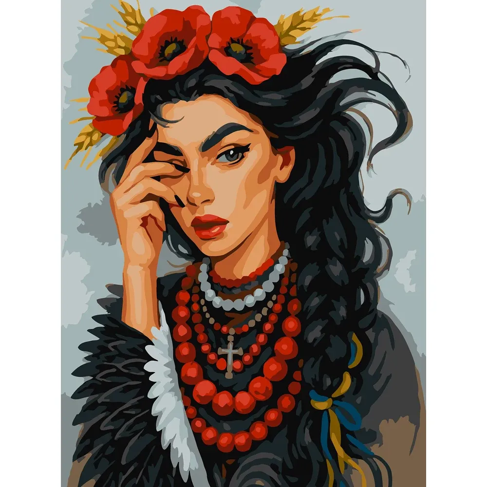 Pictură pe numere Fata cu maci, 30×40 cm, Ideyka (KHO8656)