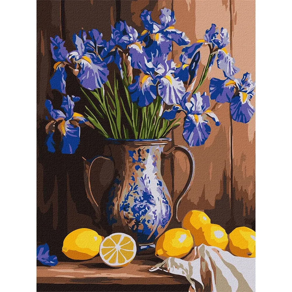 Pictură pe numere Iriși în vază și lămâi, 40×50 cm, Ideyka (KHO3319)