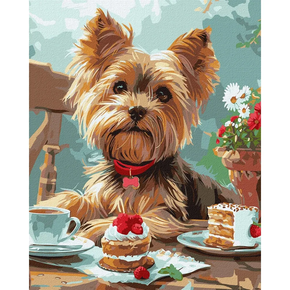 Pictură pe numere Petrecere de ceai cu Yorkie, 40×50 cm, Ideyka (KHO6629)
