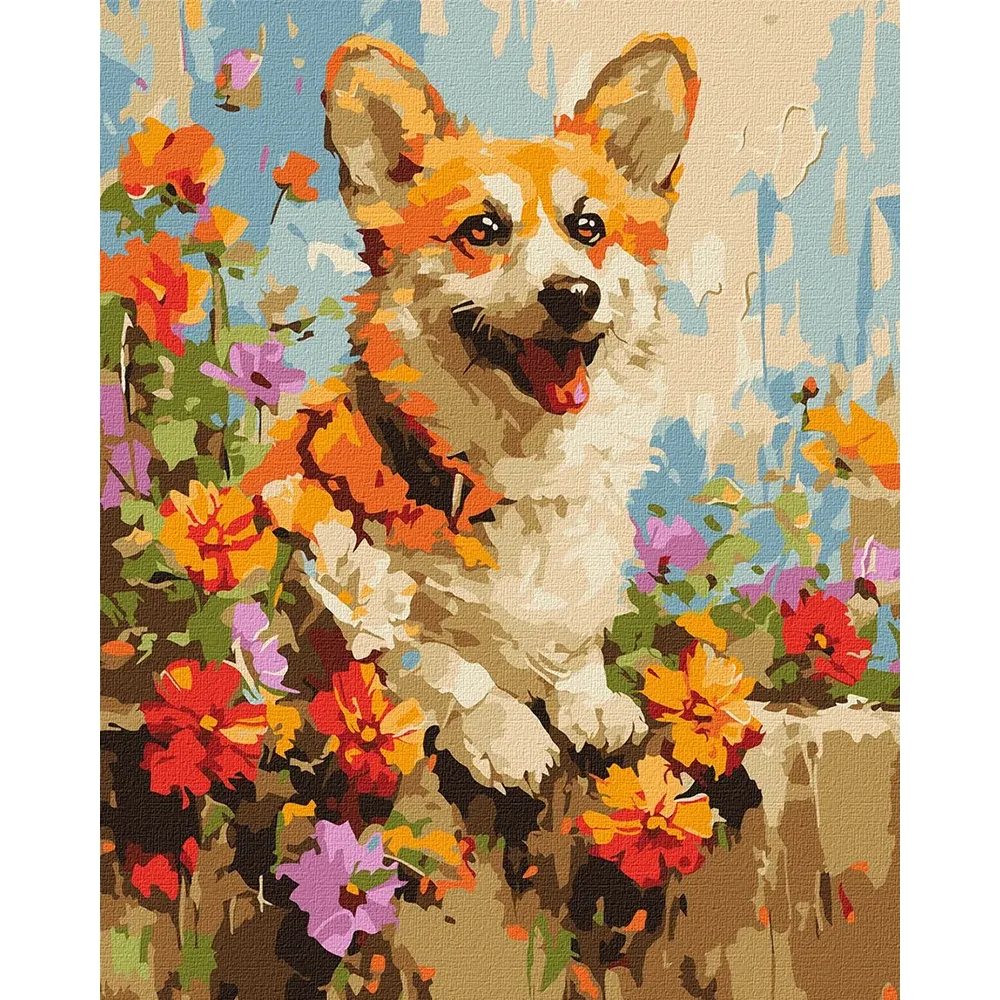 Pictură pe numere Corgi printre flori, 30×40 cm, Ideyka (KHO6616)