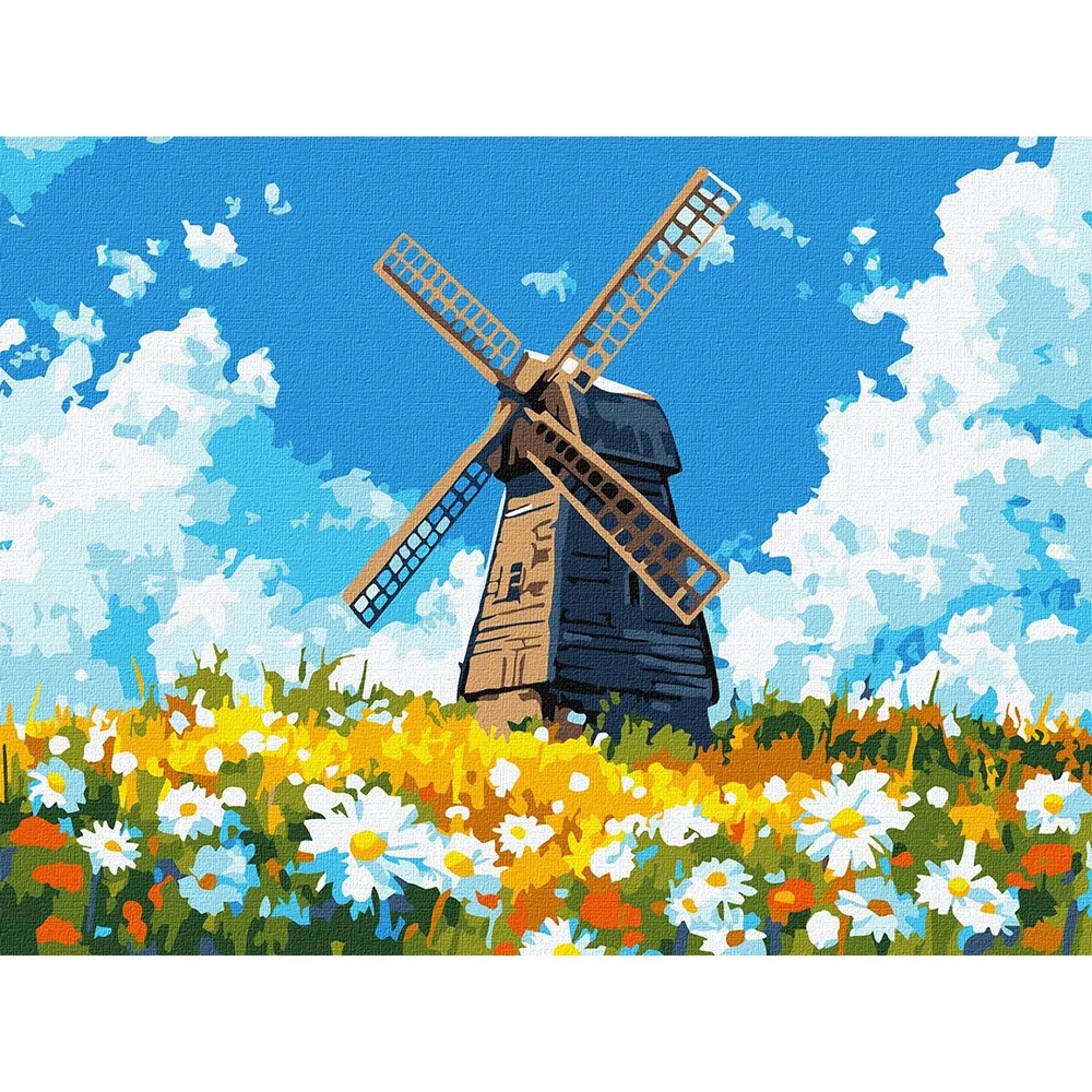 Pictură pe numere Moară în câmp de flori, 30×40 cm, Ideyka (KHO6399)