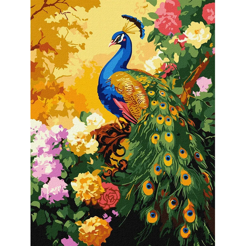 Pictură pe numere Păun printre flori, 30×40 cm, Ideyka (KHO6806)