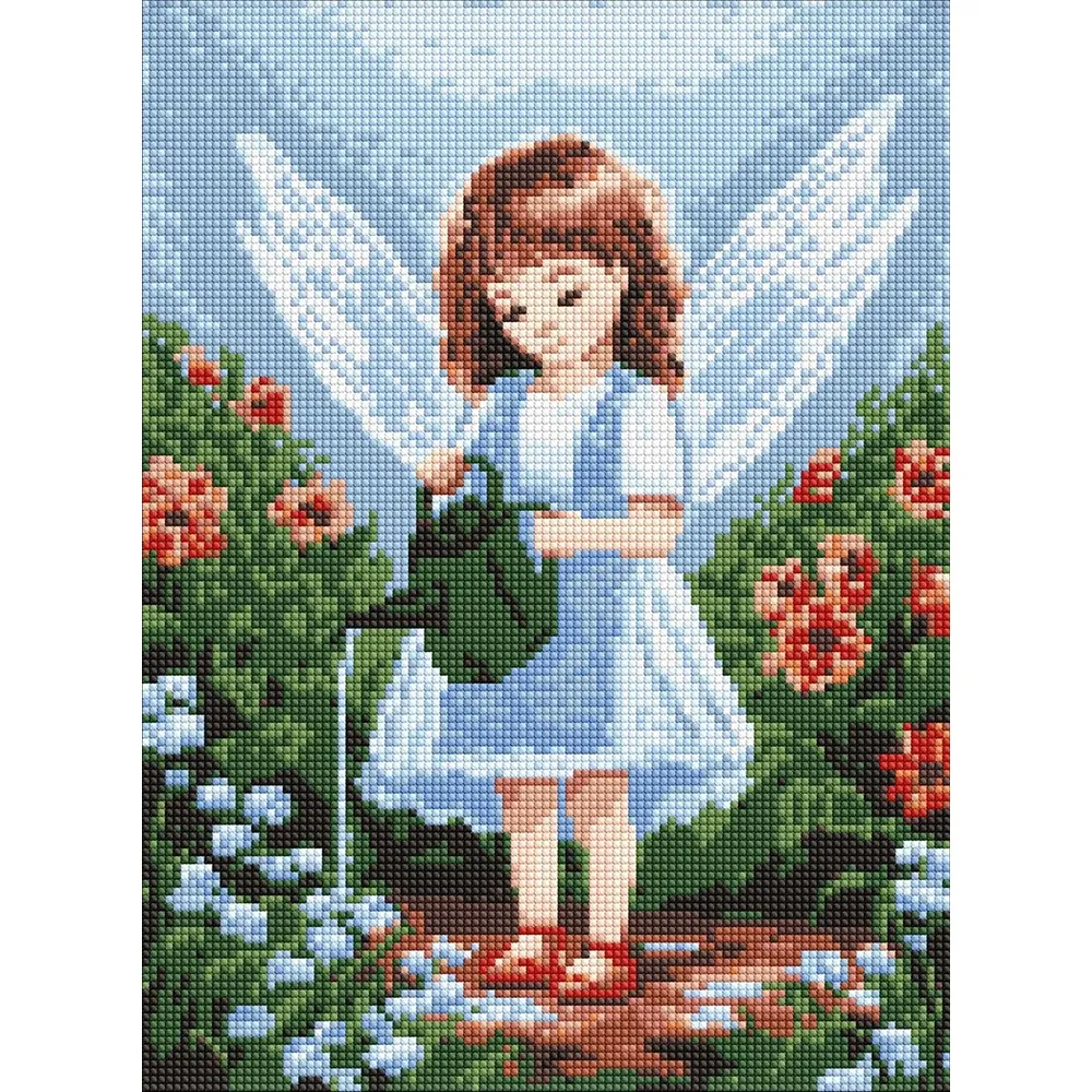 Mozaic cu diamante Înger în grădină, efect holografic AB, 30×40 cm fără ramă, Ideyka (AMC20191)