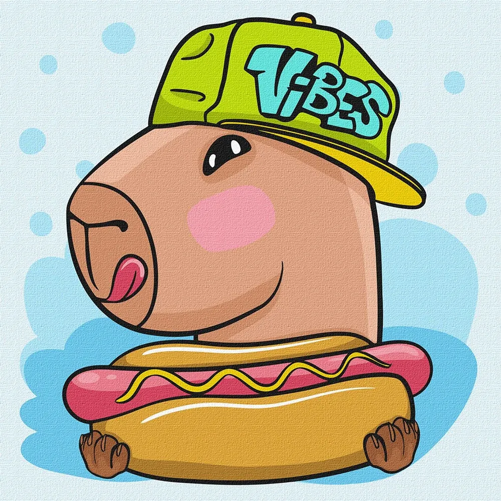 Pictură pe numere Capibara cu hot dog, 30×30 cm, Ideyka (KHO1278)