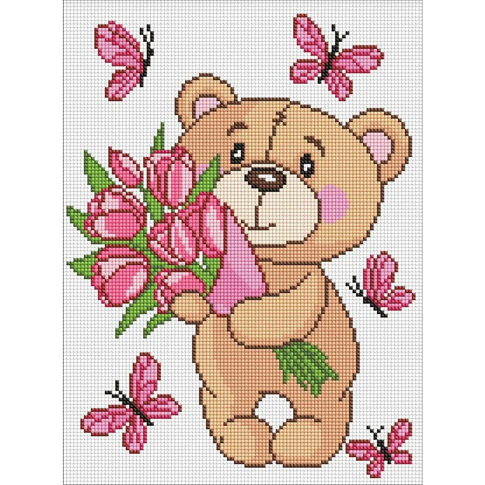 Mozaic cu diamante Ursuleț cu flori, 30×40 cm, Ideyka (AMO8035)