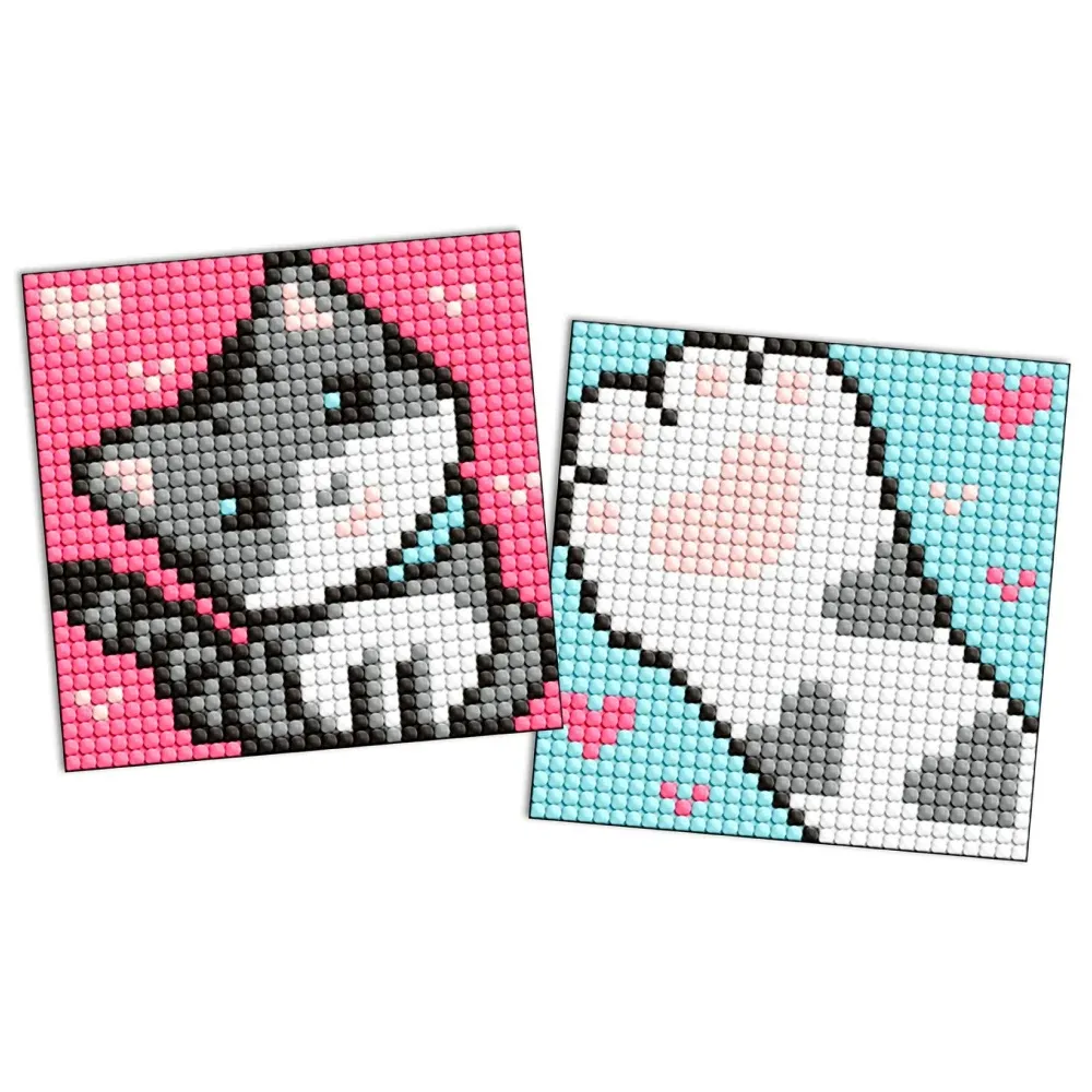 Mozaic cu diamante pe magnet, Pisică gri pufoasă, set 2 buc, 9×9 cm, Ideyka (AMG1051)