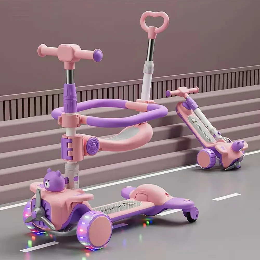 Trotinetă pentru copii 6 în 1 cu scaun, mâner parental, roți luminoase și muzică, roz, RTM Scooter (91238)
