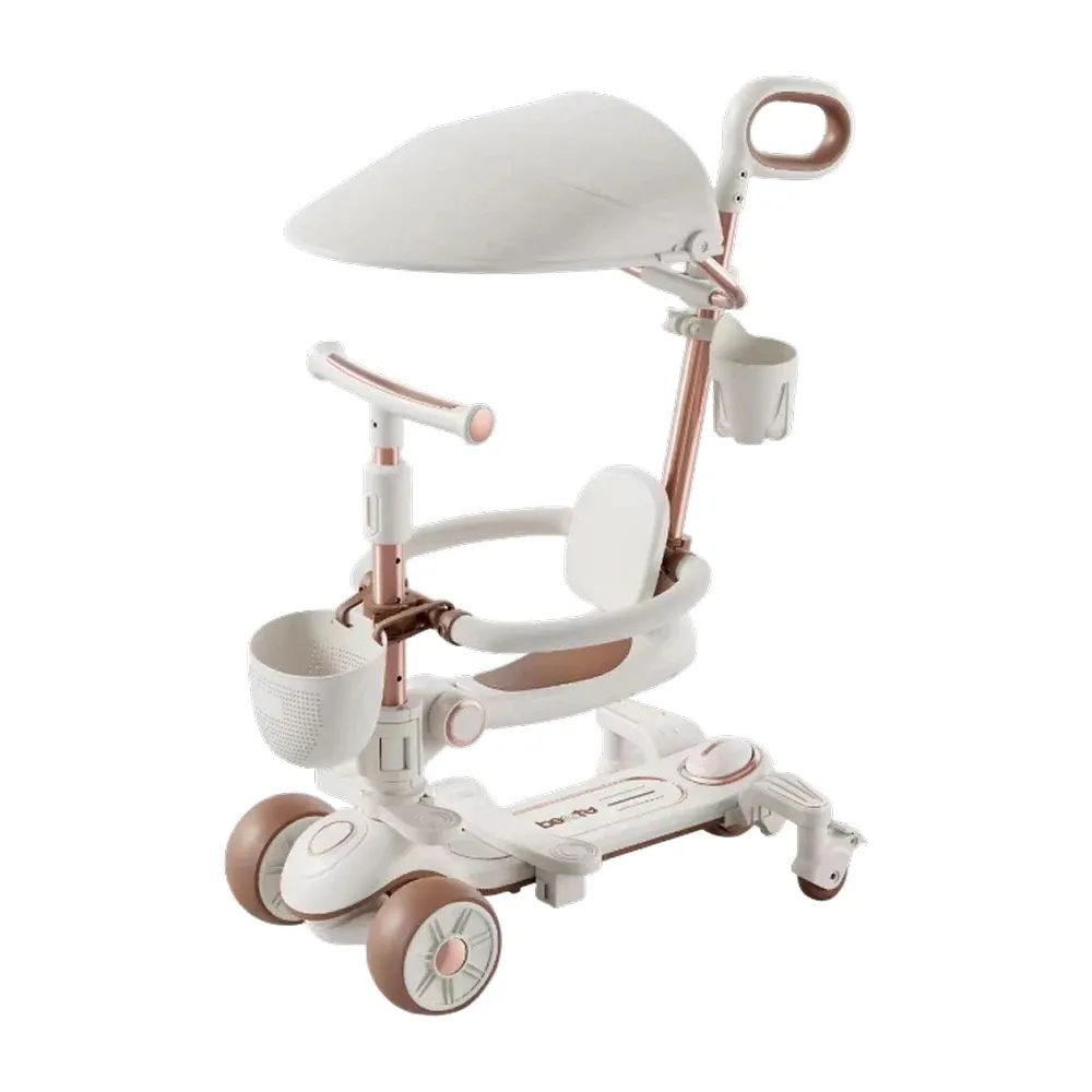 Trotinetă pentru copii cu scaun, parasolar și mâner parental, transformabilă, roți luminoase, muzică și lumini, alb, RTM Scooter (79267)