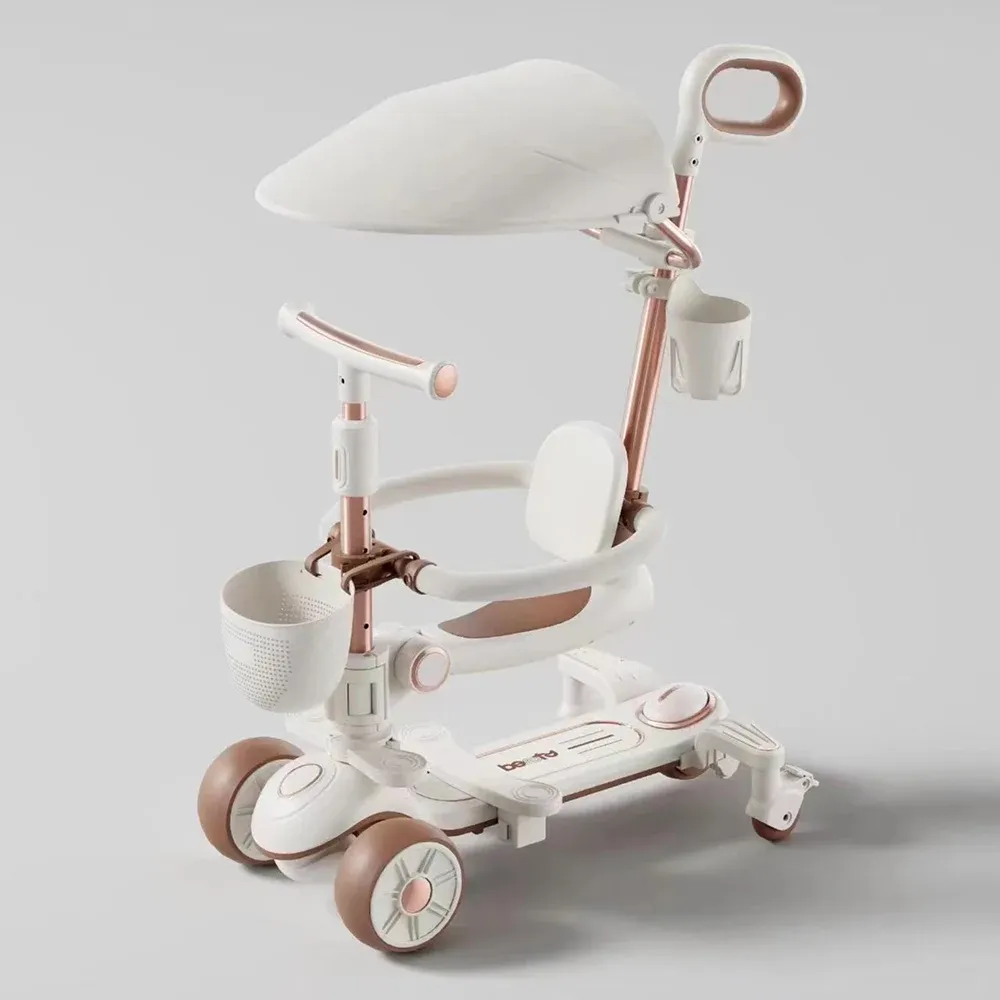 Trotinetă pentru copii cu scaun, parasolar și mâner parental, transformabilă, roți luminoase, muzică și lumini, alb, RTM Scooter (79267)