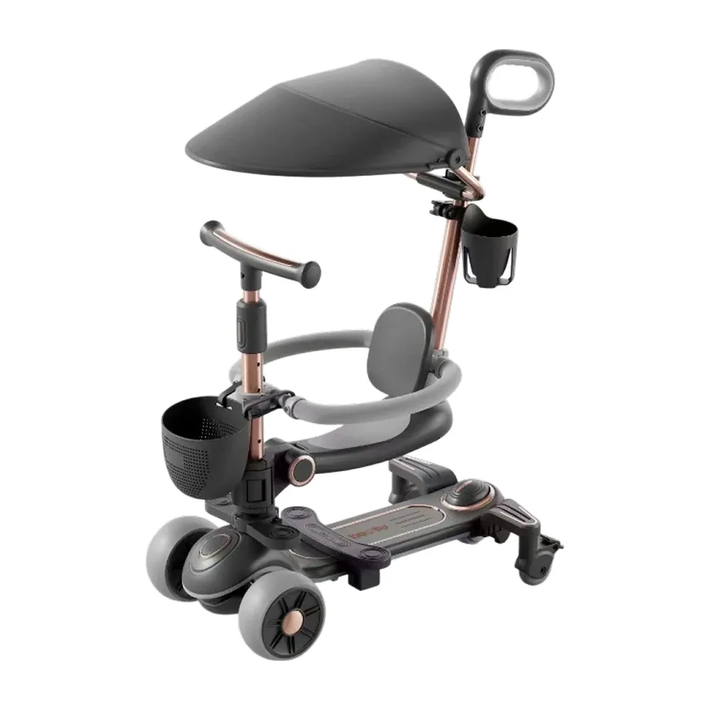 RTM Scooter (76129) Детский самокат с сиденьем, солнцезащитным козырьком и родительской ручкой, трансформируемый, светящиеся колеса, музыка и подсветка, черный