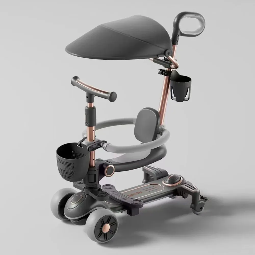 RTM Scooter (76129) Детский самокат с сиденьем, солнцезащитным козырьком и родительской ручкой, трансформируемый, светящиеся колеса, музыка и подсветка, черный