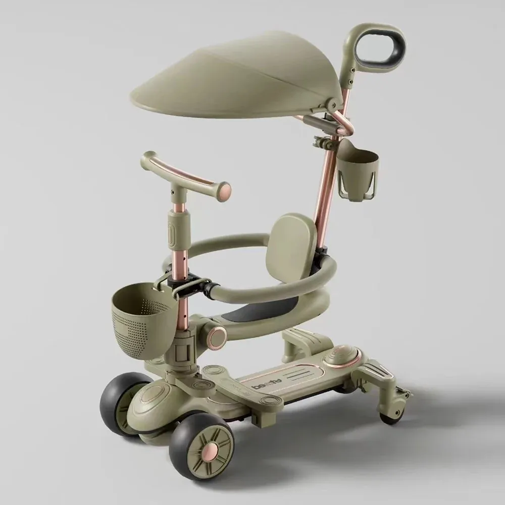 RTM Scooter (78314) Детский самокат с сиденьем, солнцезащитным козырьком и родительской ручкой, трансформируемый, светящиеся колеса, музыка и подсветка, зеленый