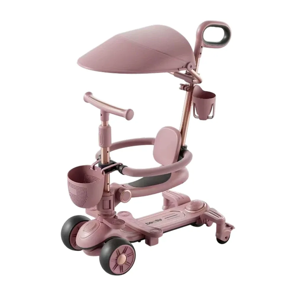 Trotinetă pentru copii cu scaun, parasolar și mâner parental, transformabilă, roți luminoase, muzică și lumini, roz, RTM Scooter (78642)