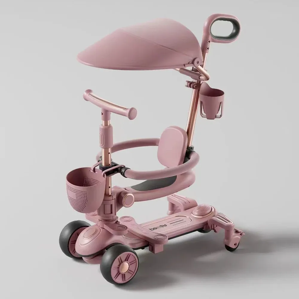 Trotinetă pentru copii cu scaun, parasolar și mâner parental, transformabilă, roți luminoase, muzică și lumini, roz, RTM Scooter (78642)