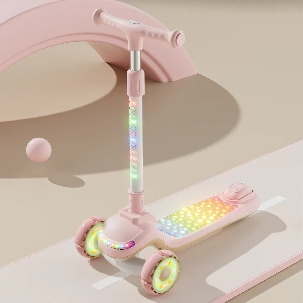 3-колесный детский самокат RTM Scooter с подсветкой, музыкальной и световой платформой, руль с подсветкой, розовый, самокат RTM (40656)