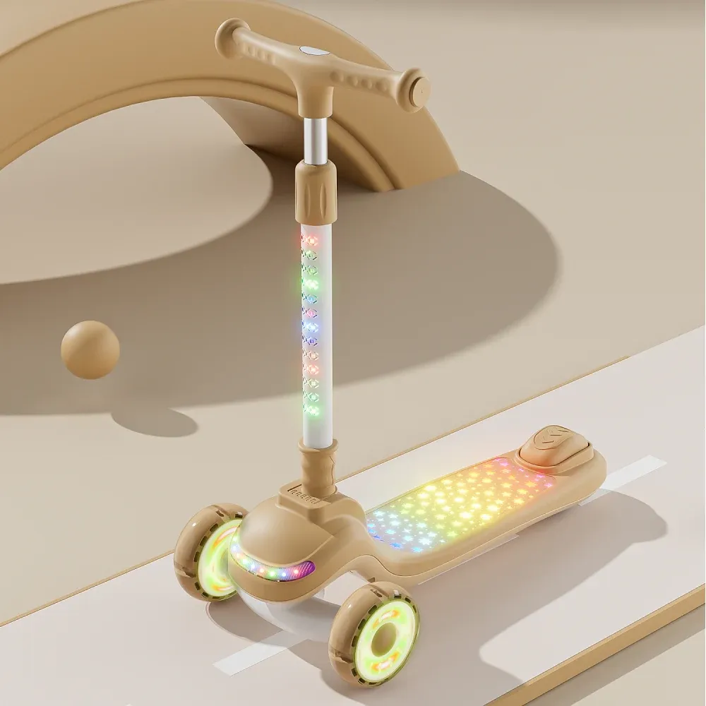 Trotinetă pentru copii cu 3 roți luminoase, platformă cu muzică și lumini, ghidon cu lumini, bej, RTM Scooter (40236)