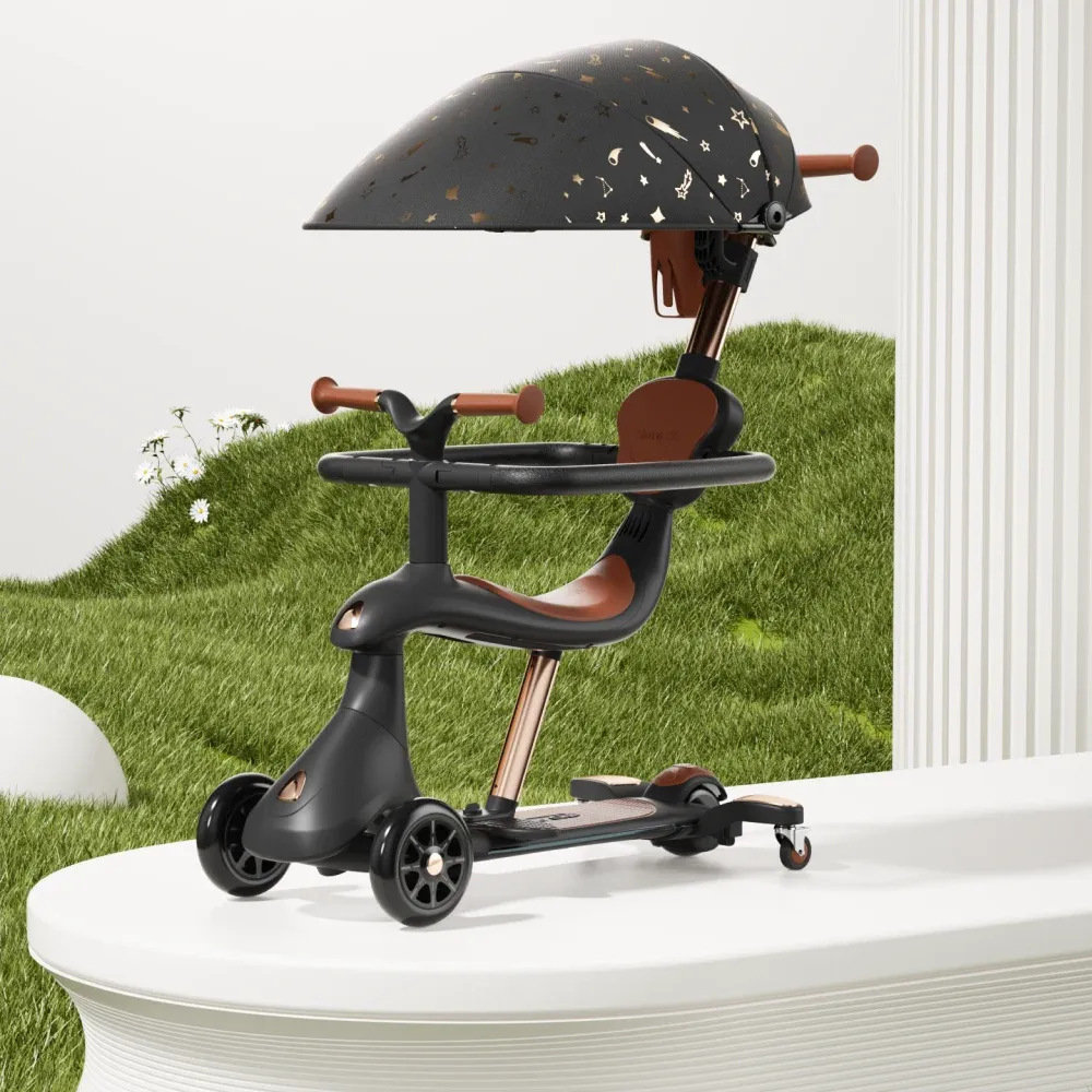 RTM Scooter (74000) Детский самокат с сиденьем, солнцезащитным козырьком и родительской ручкой, трансформируемый, светящиеся колеса, черный