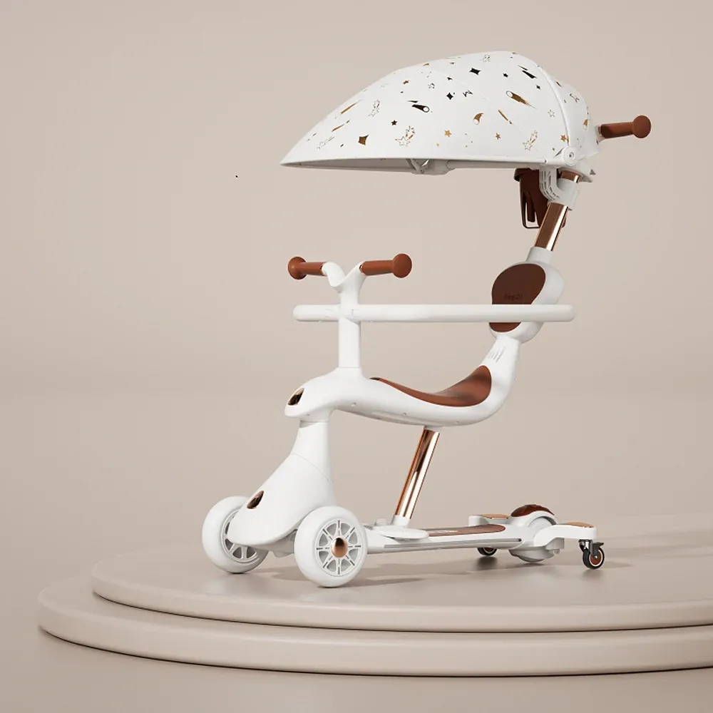 RTM Scooter (74002) Детский самокат с сиденьем, солнцезащитным козырьком и родительской ручкой, трансформируемый, светящиеся колеса, белый