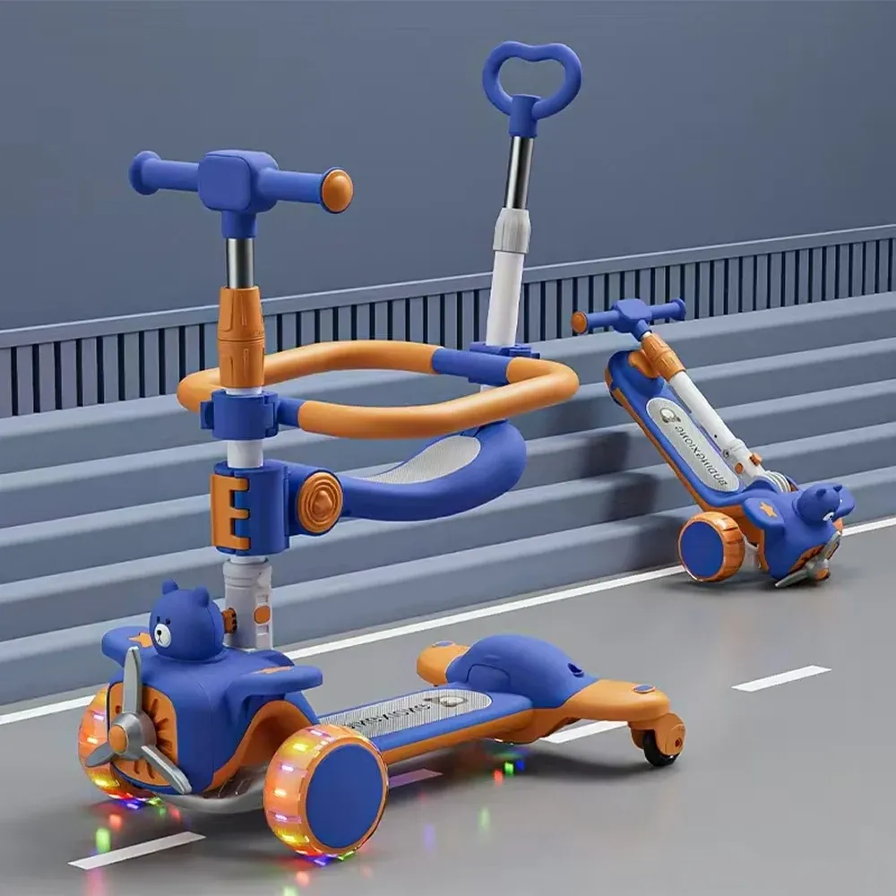 Trotinetă pentru copii 6 în 1 cu scaun, mâner parental, roți luminoase și muzică, albastru, RTM Scooter (64473)