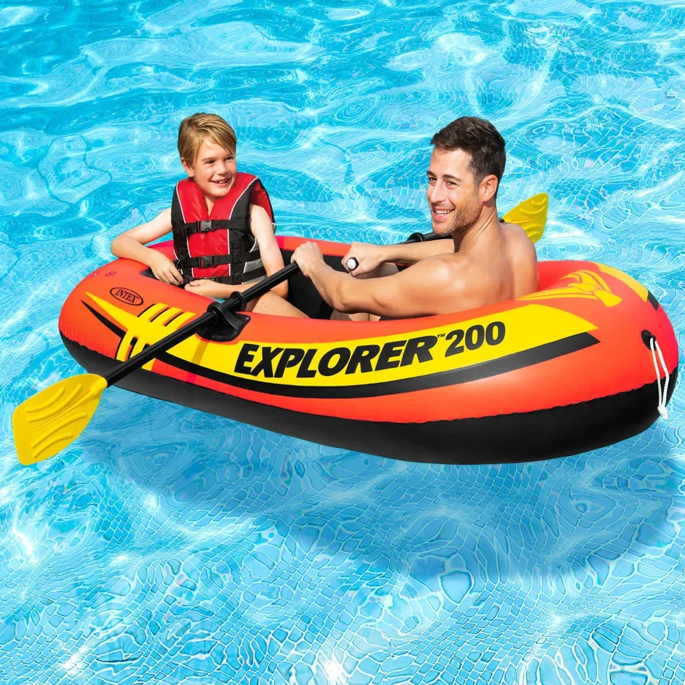 Надувная лодка Explorer 200 с веслами и насосом, 185×94×41 см, макс. 95 кг, 6+ лет, Интекс (58331)