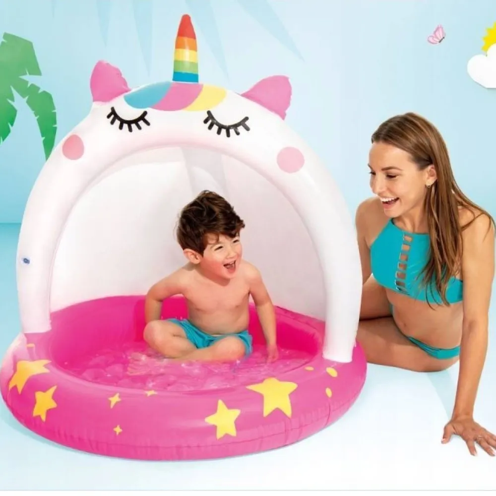 Piscină gonflabilă pentru copii Unicorn cu protecție solară 102×102 cm, 45 L, 1–3 ani, Intex (58438)