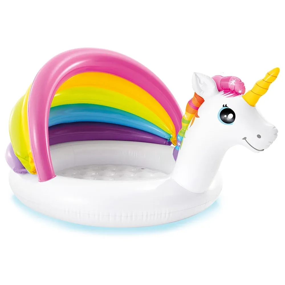 Piscină gonflabilă pentru copii Unicorn cu protecție solară 127×102×69 cm, 45 L, 1–3 ani, Intex (57113)