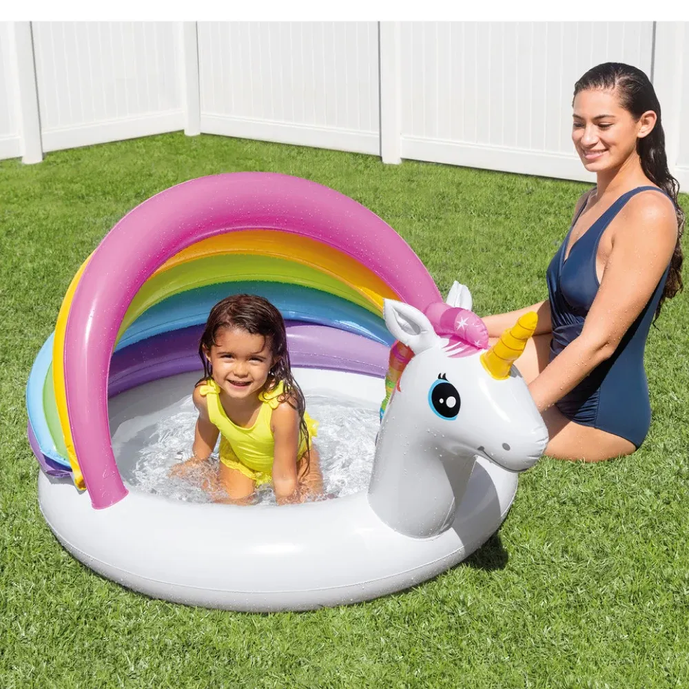 Piscină gonflabilă pentru copii Unicorn cu protecție solară 127×102×69 cm, 45 L, 1–3 ani, Intex (57113)