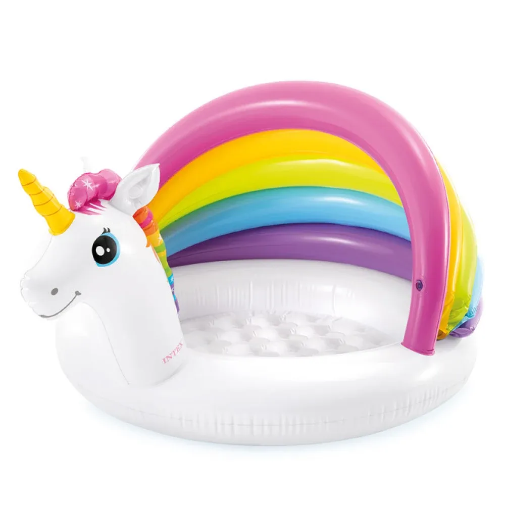 Piscină gonflabilă pentru copii Unicorn cu protecție solară 127×102×69 cm, 45 L, 1–3 ani, Intex (57113)