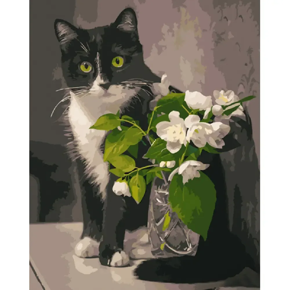 Pictură pe numere Pisica cu flori, 40×50 cm, Strateg (GS1021)