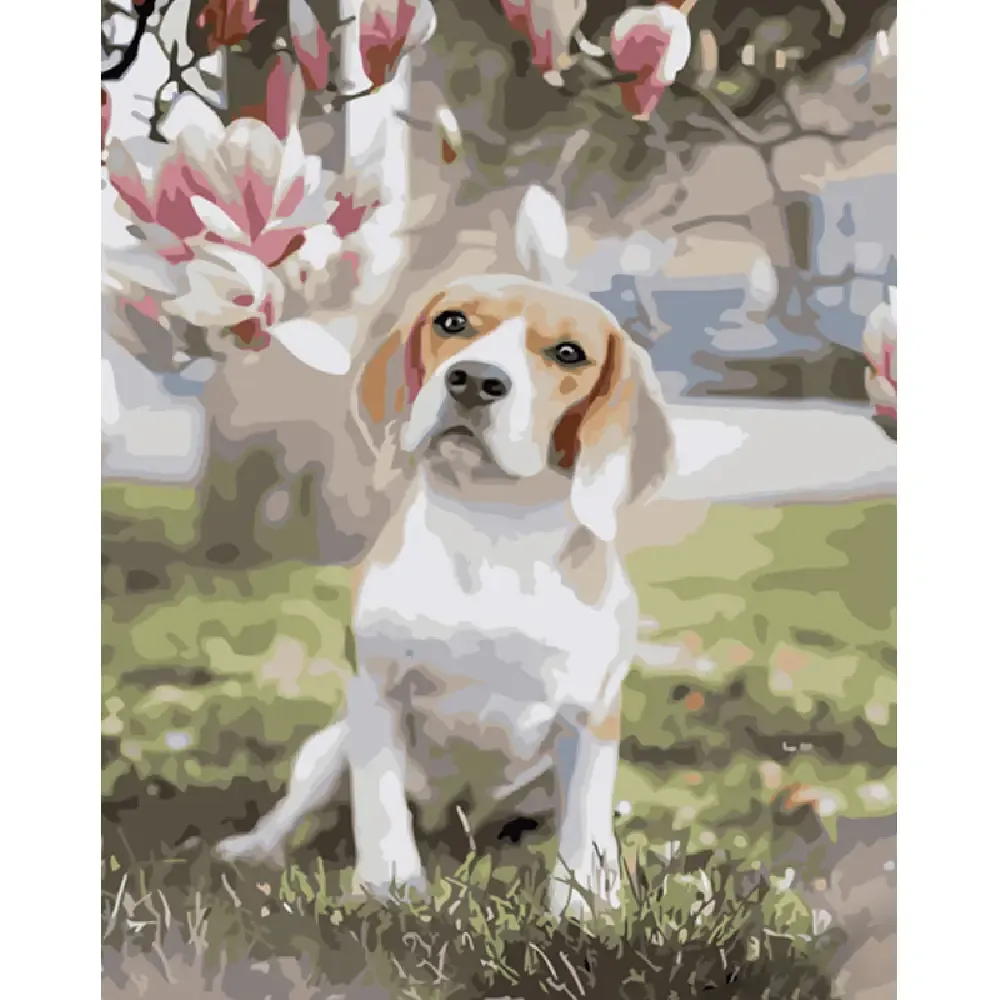Pictură pe numere Beagle sub magnolie, 40×50 cm, Strateg (GS944)