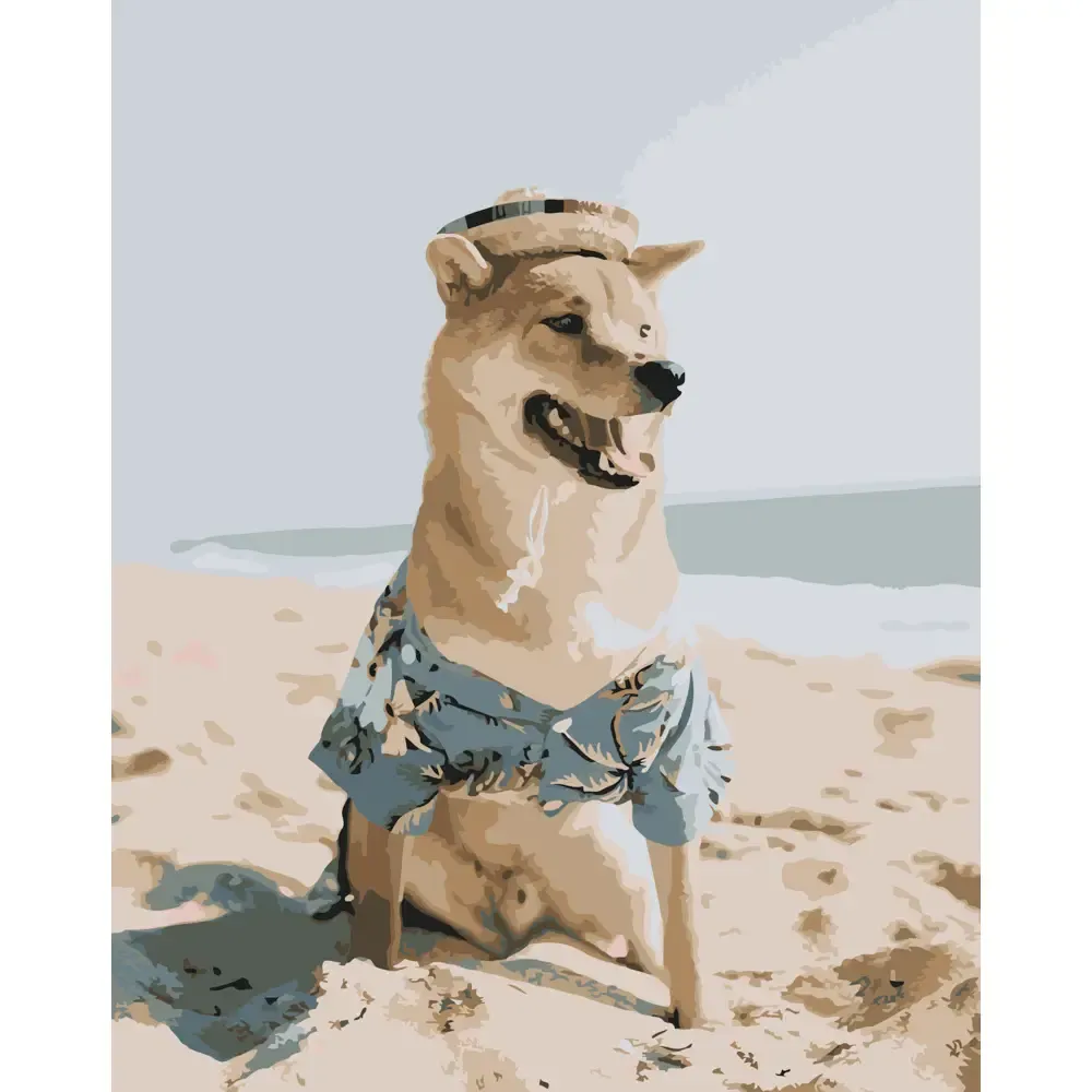 Pictură pe numere Cățel Shiba Inu pe plajă, 40×50 cm, Strateg (DY110)
