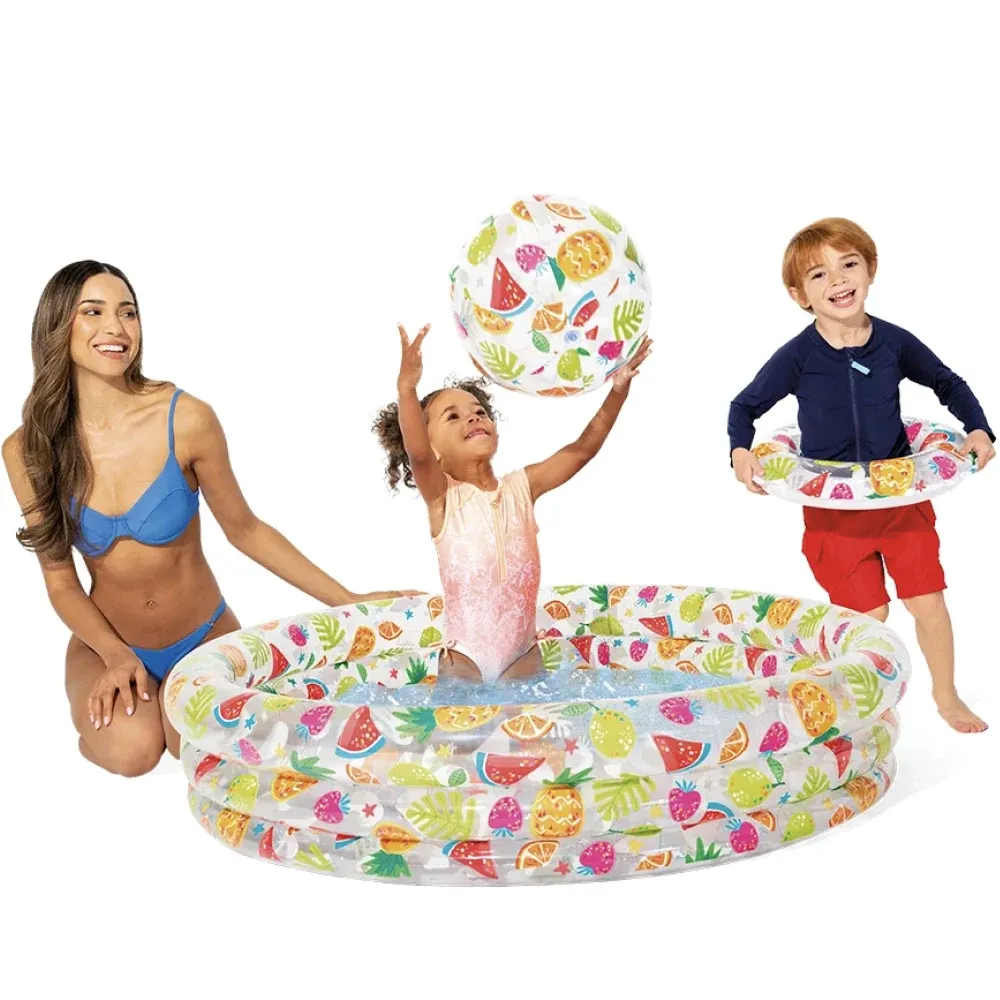 Piscină gonflabilă pentru copii Fruity Delight cu minge si colac, 132×28 cm, 248 L, 2+ ani, Intex (59469)