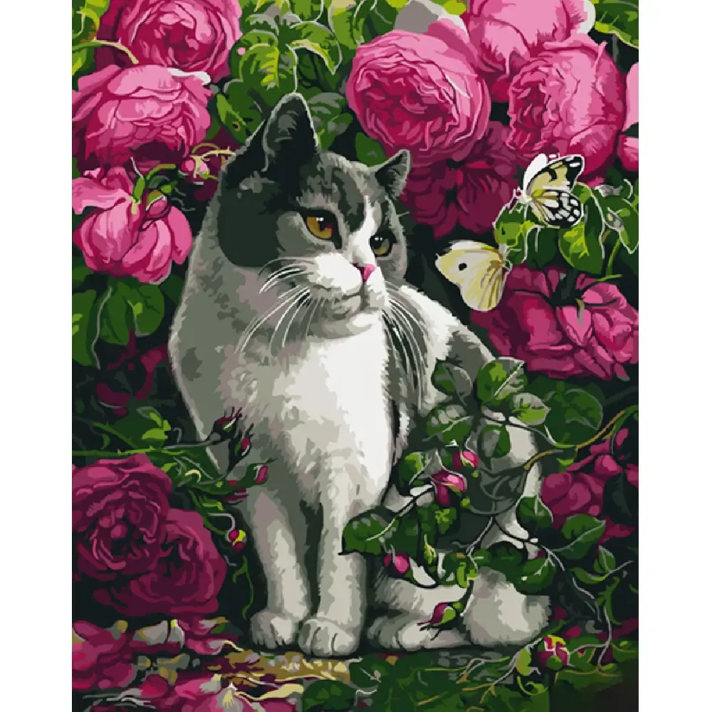 Pictură pe numere Trandafiri și o pisică, 40×50 cm, Strateg (GS1038)