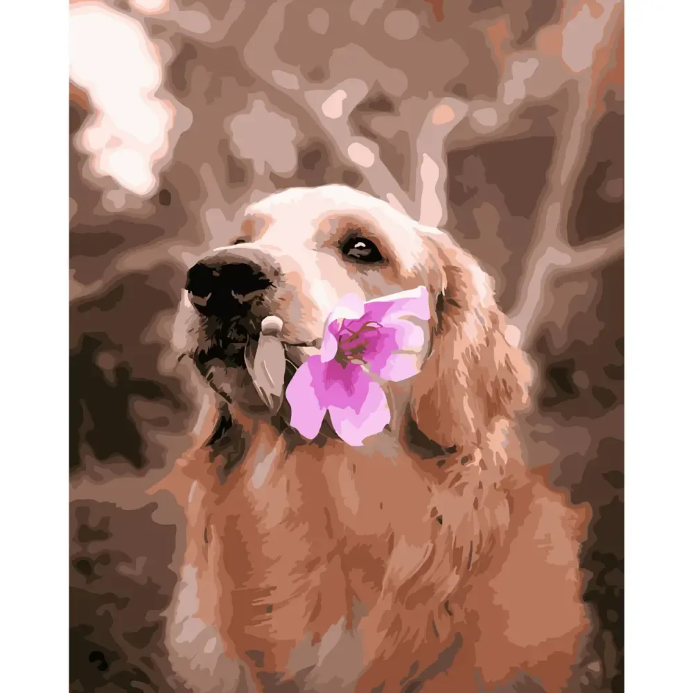 Pictură pe numere Golden Retriever cu floare, 40×50 cm, Strateg (GS309)